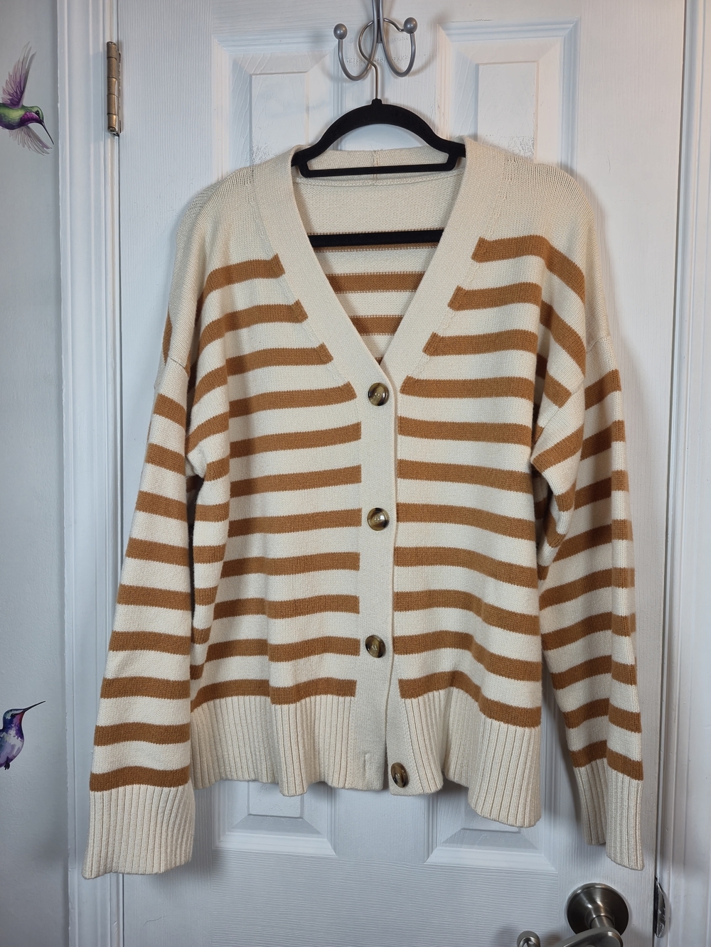 Striped V-Neck Oversized Cardigan Sweater Cream Brown 2XL Coastal Old Money